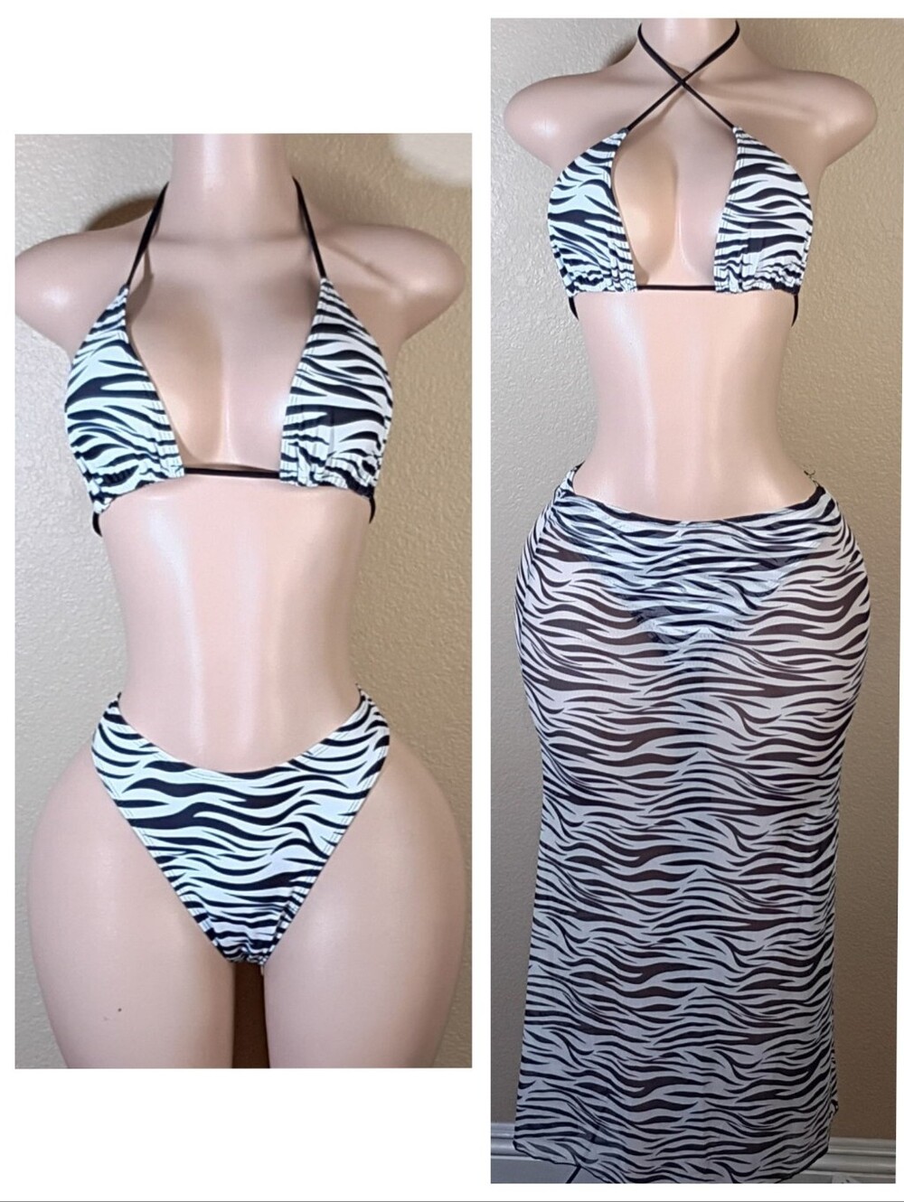 Zebra Print Black & White Triangle Bikini Set with Sheer Cover Skirt
